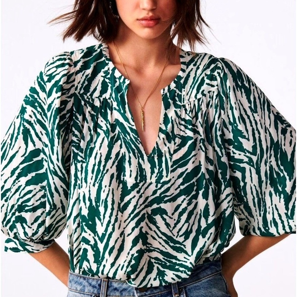 Ba&sh Vidris Blouse Women XS Green White Boho Luxury Parisian Contemporary Flowy